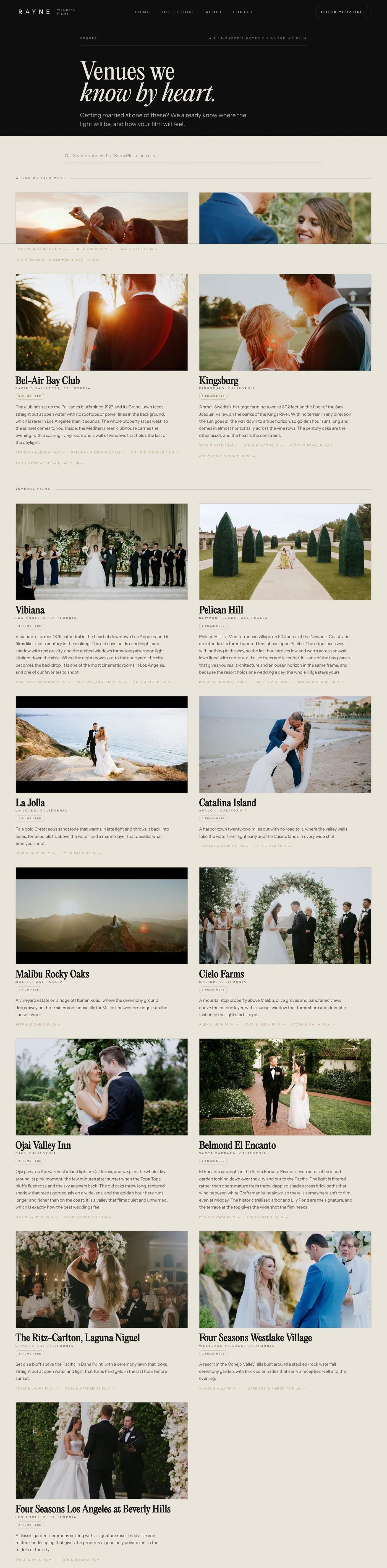 The raynefilms.com venues page, scrolling